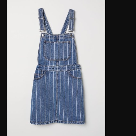 Women 4 H&M Divided Bib Overall Denim Jean White Striped Blue Dress Jumper - Picture 2 of 6